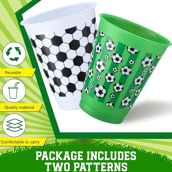 Sieral 30 Pcs Soccer Cups with Straws and Lids 16 oz Football Cups White Green Plastic Tumblers Reusable Iced Coffee Travel Mug for Sport Theme Party Supplies Decorations