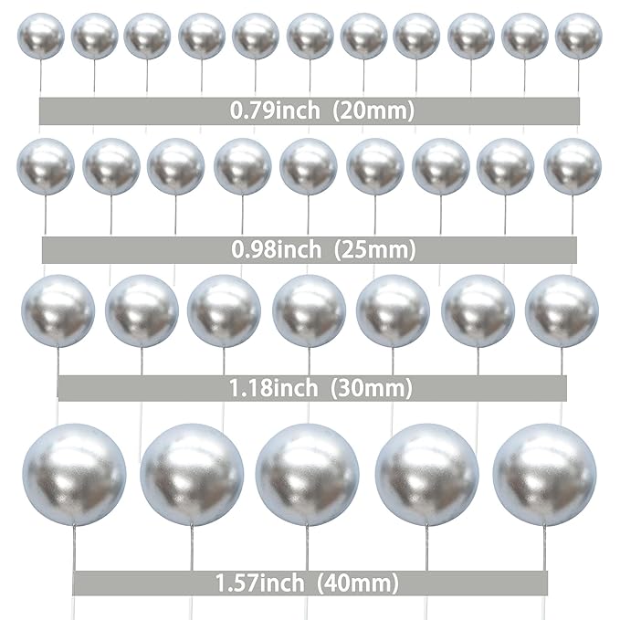 Gyufise 30Pcs Mini Balloon Cake Topper Foam Ball Cake Picks Cupcake Faux Pearl Balls DIY Cake Insert Topper Decoration for Anniversary Graduation Birthday Party Baby Shower Silver