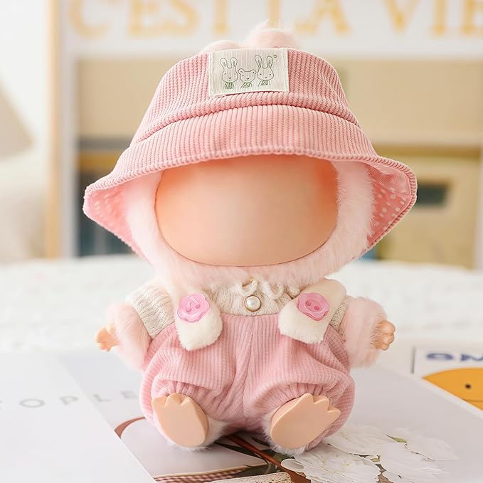 Clothes for Lu bubu 17cm Dolls Accessories(No Doll), Cute Outfit Set 3 Pieces Bib Pants Suitable for 17cm Doll Suit, Stylish Dress Up Overalls Doll Clothing Set Replacement with Hat Clothes Pink