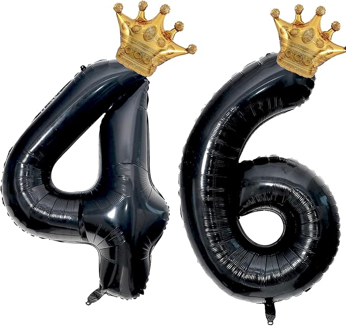 40 inch Large Black 46 Balloon Number with Gold Crown Balloons 46th Birthday Big Foil Mylar Helium Balloon for Women Man 46th Birthday Anniversary Decorations Supplies Favors(Number 46 Balloons）