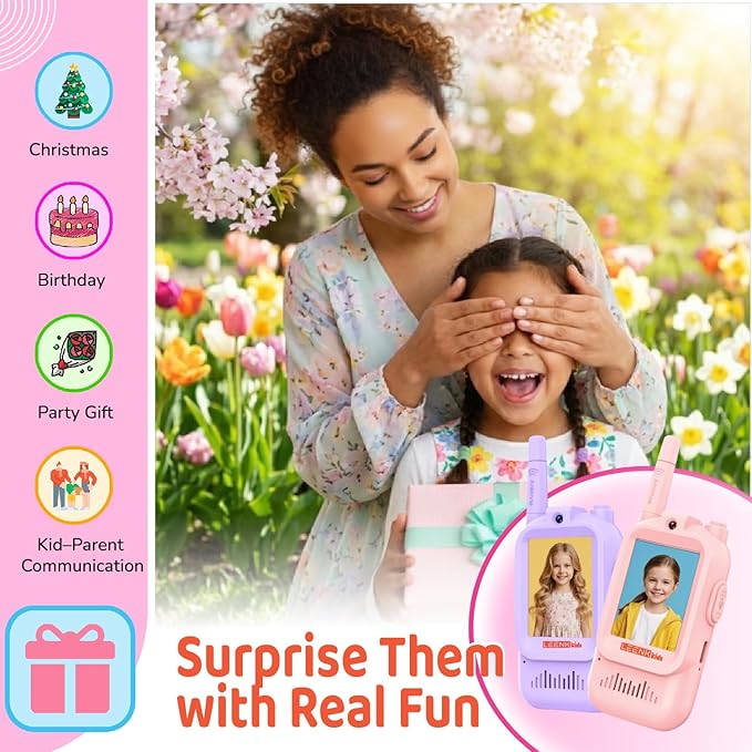 LEENK Video Walkie Talkies for Kids 2 Pack – Rechargeable Video Intercom Handheld, Indoor & Outdoor Range, Easy Use for Ages 3-12, Eco ABS, Clear Voice & Long Distance Communication (Pink & Purple)