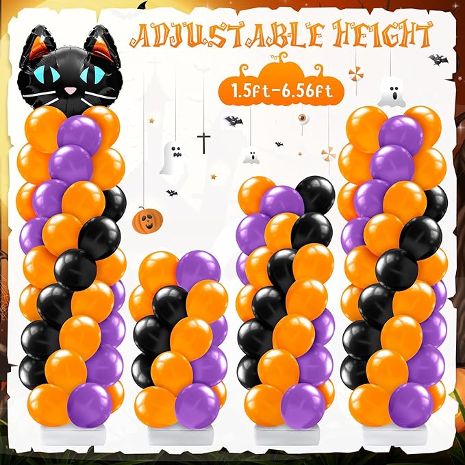 Kasyat 2 Set Halloween Balloon Column Stand Kit with Cat Head Scary Pumpkin Foil Balloon Orange Black Purple Arch Garland Kit for Spooky Birthday Party Halloween Theme Decoration
