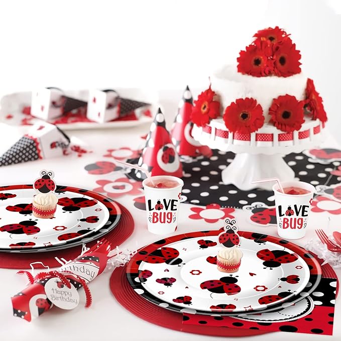 Xigejob Ladybug Birthday Party Decorations Tableware, Ladybug Party Supplies Girl for Birthday Baby Shower, Paper Plate, Cup, Napkin, Tablecloth, Disposable Cutlery, Straw, Serves 24