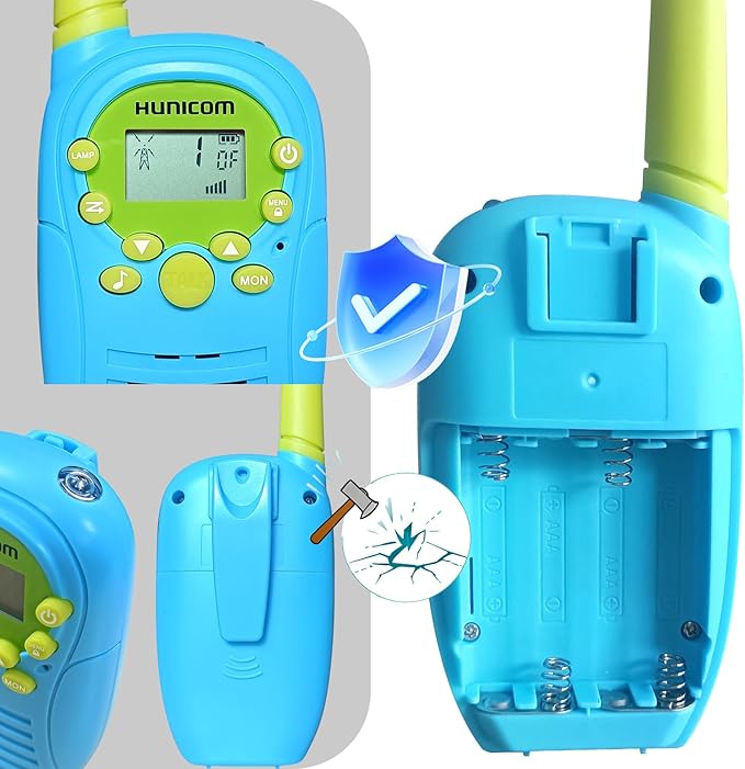 HUNICOM Kids Walkie Talkies with 3KM Range, 99 Privacy Codes, VOX Hands-Free, Built-in Flashlight & 10 Call Tones – Ideal for Outdoor Adventures, Family & Team Use (Blue)