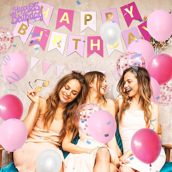 25th Birthday Decorations For Women, Pink Happy Birthday Party Decorations With Number 25 Balloons Pink Confetti Hot Pink Balloons Fringe Curtain Banner Cake Topper For 25th Party Supplies