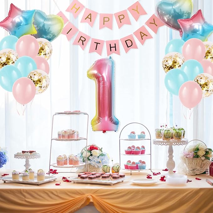 1st Birthday Decorations for Girls Gradient color Age 1 Balloons with Happy Birthdays Banner for Baby showers Frist Birthdays Party Supplies for Girls Boys (1st-Birthday)