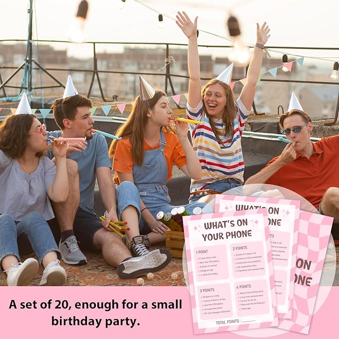 Birthday Party Games Cards - What's On Your Phone, Pink Bday Party Games for Teen Girl Adult, Set of 20 pcs Cards, Birthday Party Favor Activity Sleepover Party Decor Supplies - FS265