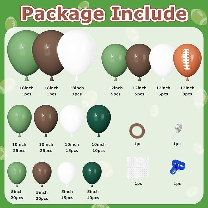 170Pcs Football Balloon Garland Arch Kit, Sage Green Brown Dark Green and White with Rugby Printed Balloons for Football First Year Baby Shower Birthday Sports Themed Party Decorations Supplies