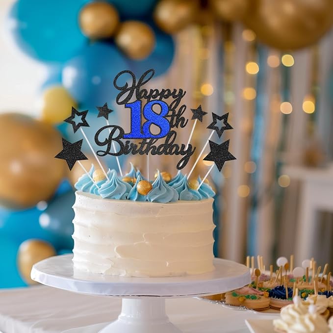 Happy 18th Birthday Cake Toppers, Black Blue Glitter Cake Decorations Set, 18th Birthday Decor, Birthday Anniversary Party Decorations Supplies