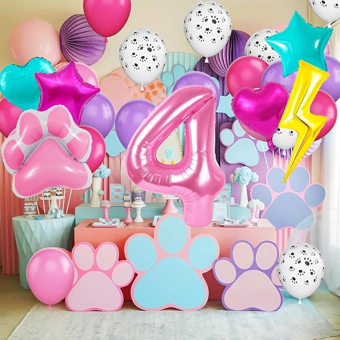 Super Cat Birthday Party Supplies, Super Cat Balloons, Pink Number 4 Balloon 40 Inch, Paw, Lightning And Heart Balloons, 4th Birthday Decorations For Girls