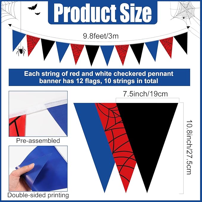 Boao 10 Strips Spider Pennant Banner 98 ft Hero Triangle Flag Cartoon Paper Pennant for Spider Birthday Party Decorations Hero Theme Festivals Wedding Party Supplies Outdoor Home Decor