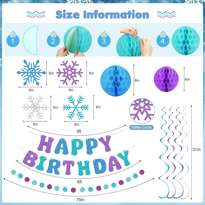 Amandir Snowflake Birthday Decorations for Girls, Glitter Happy Birthday Banner with Honeycomb Balls, Snowflake Hanging Swirls Streamers, Circle Dots Garland, Princess Winter Wonderland Party Supplies
