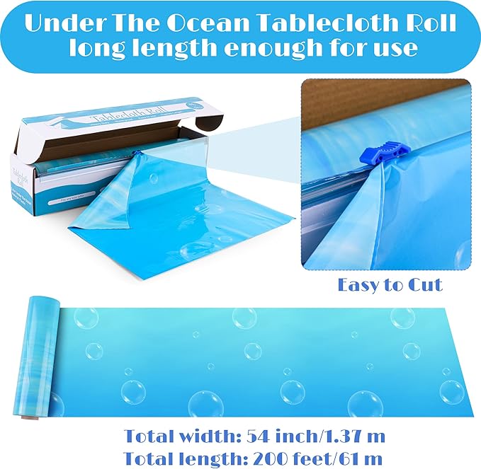 Kochorie 54 Inch x 100 Ft Ocean Waves Plastic Tablecloth Roll in Slide Cutter Box Under the Sea Table Cover Blue Water Print Backdrop Bulletin Board Plastic Roll for Beach Pool Birthday Party Decor