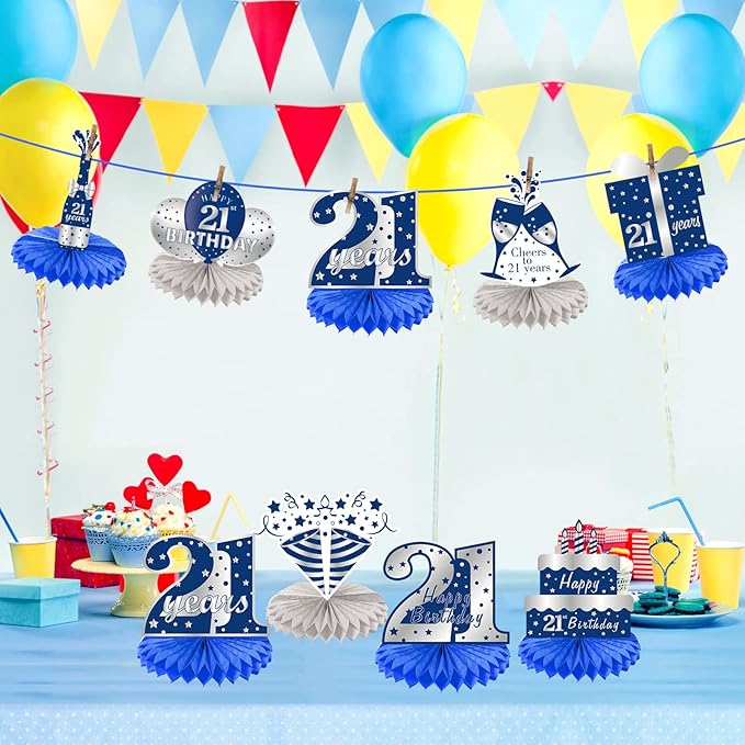8Pcs 21st birthday Honeycomb Centerpieces Decorations for Boys， Blue Silver Happy 21 Birthday Table Centerpiece Party Supplies, Birthday,Twenty First Year Old Table Topper Decor