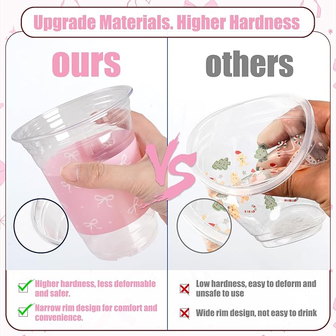 50 Pcs Pink Bow Birthday Decoration Cups,16 oz Coquette Plastic Disposable Drinking Cups for Wedding Birthday Bridal Baby Shower Party Supplies