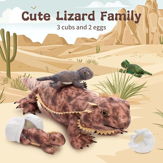 6 Pcs Bearded Dragon Lizard Stuffed Animal, Large Yellow Iguana Plush Toy 28" with 3 Babies, Reptile Gift Set for Boys Girls Kids