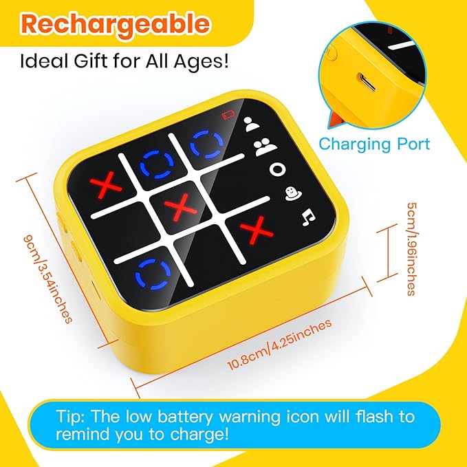 Rechargeable Tic Tac Toe Game Box, Upgraded 5 Fun Brain and Memory Games, Compact Handheld Game Console, Portable Puzzle Travel Game Ideal Gifts for All Ages 3+ (Yellow)