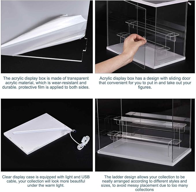 MECCANIXITY Clear Acrylic Display Case with LED Light 3 Tier Dustproof Showcase Assemble Cube Display Boxes Stand for Collectibles, Action Figures (12.6x9.45x11.81) Black