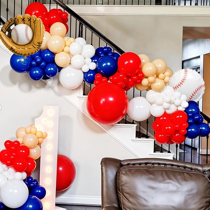 Baseball Balloons, Navy Blue Red Nude Latex Balloons with Baseball Gloves Foil Balloon for Boys Baseball Themed Birthday Party Decorations Graduation Baby Shower Sport Theme Party Backdrop