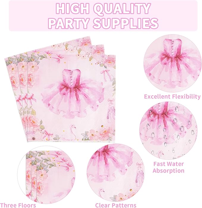 96Pcs Ballerina Birthday Party Decorations Tutu Cute Ballerina Plates and Napkins Tableware Sets Ballet Party Decorations for Girls Bday Baby Dancing Ballet Tutu Cute 2nd Birthday Supplies Serves 24