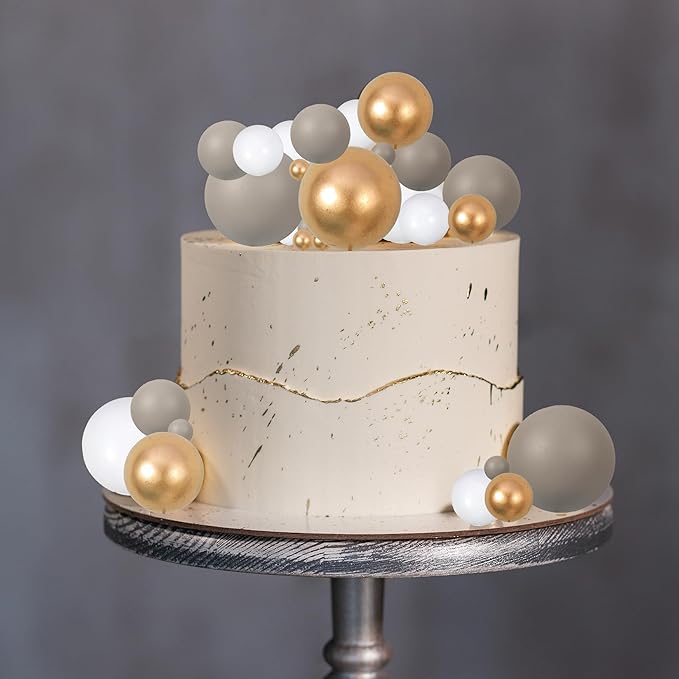 Gyufise 30Pcs Ball Cake Toppers Balls Cupcake Toppers Insert Foam Ball Cake Picks Mini Balloon Cake Decoration for Wedding Baby Shower Birthday Party Cake Decorations Supplies Dark Grey Gold White