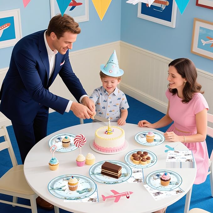 180Pcs Airplane Shower Party Supplies Paper Plates and Napkins Serve 60 Disposable Tableware Set for Birthday Party Decorations Game Day Family Holiday Sports Events