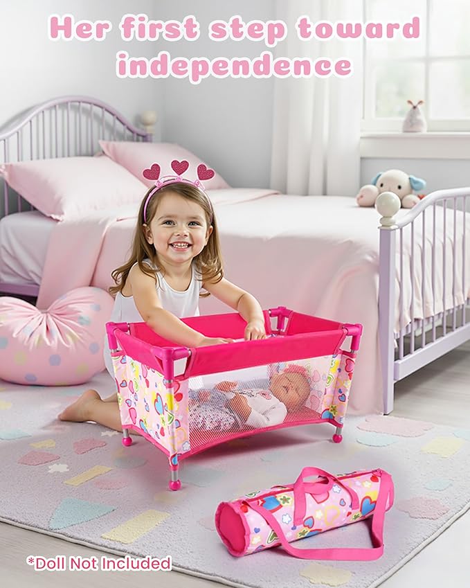 BABESIDE Baby Doll Crib for 18" Reborn Dolls,Baby Doll Bed with Storage Bag, Reborn Babydolls Accessories for Age 3+,Doll Crib Playpen for Kids,Pink