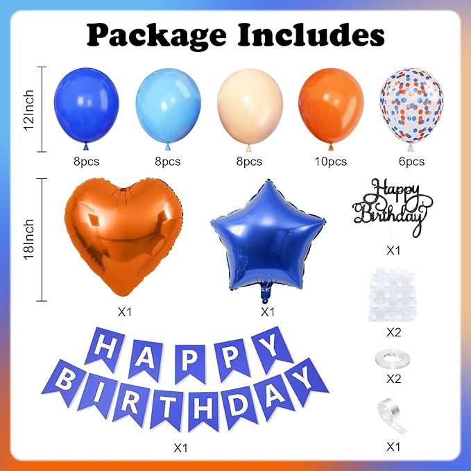 Blue and Orange Birthday Decorations,Royal Light Blue and Orange Decor Happy Birthday Banner Cake Topper Star Heart Foil Balloon for Kids Space Theme Party