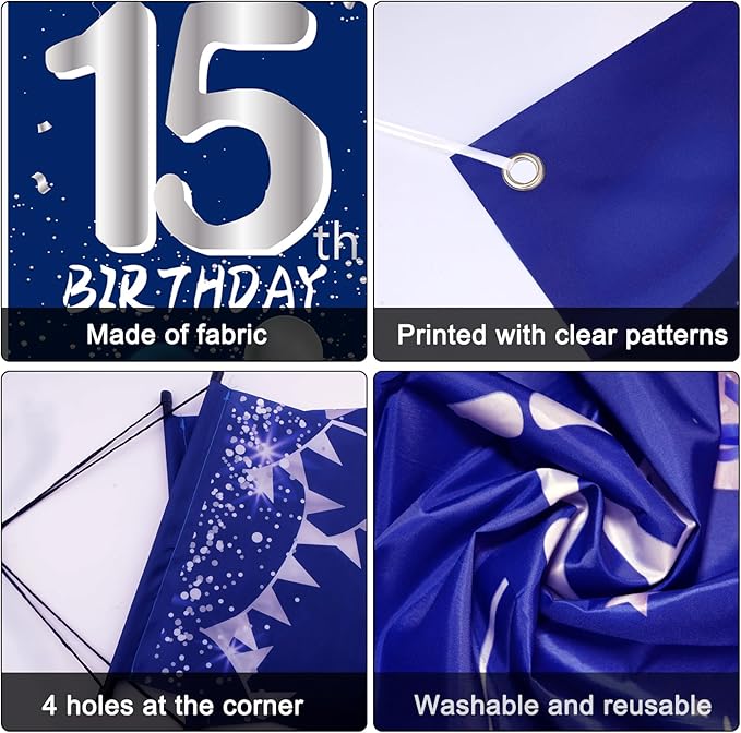 15th Birthday Decorations for Boys Girls, Navy Blue Happy 15th Birthday Door Banner Sign, 15 Years Old Party Supplies Teenagers Bday Backdrop Balloons Hanging Decors