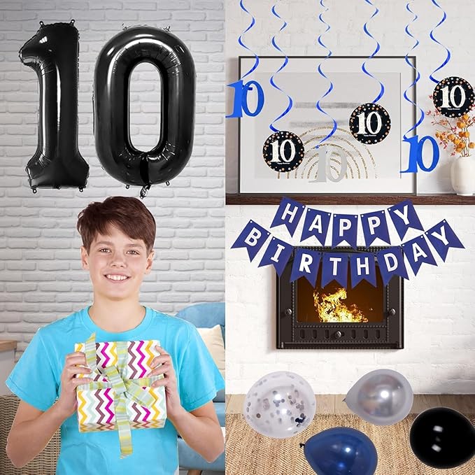 10th Birthday Decorations for Boys and Girls Dark Blue, Double Digits Birthday with HAPPY BIRTHDAY Banner 10 Balloon Number Tablecloth Foil Star Balloons Garland Arch Kit-10 Year Old Party Supplies
