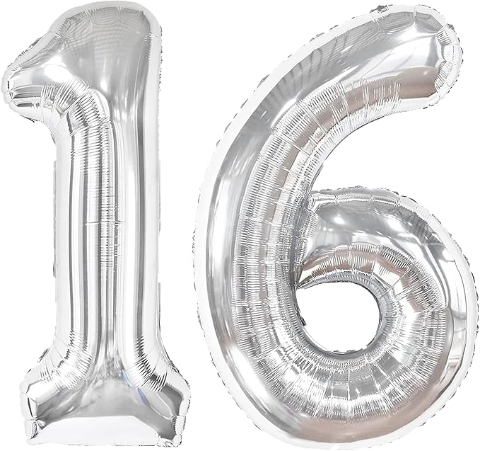 40 Inch Silver Number 16 Digital Balloon,Jumbo Mylar Foil Helium Balloon for 16 Balloons for Birthday Party,Wedding Anniversary Party Decorations