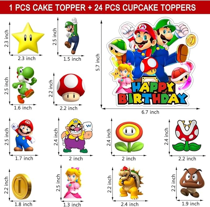 25Pcs Mario Cake Decorations with 24pcs Cupcake Toppers, 1pcs Big Cake Topper for Mario Birthday Party Supplies