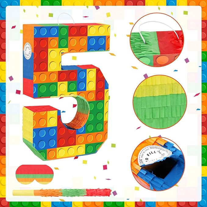 Building Blocks 5th Birthday Party Decorations Number 5 Pinata with Pinata Stick & Blindfold for Kids Girls Boys Happy Birthday Building Block Theme Party Supplies Carnival Games