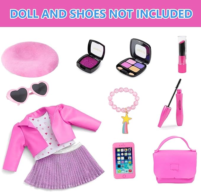 American 18 Inch Doll Makeup Accessories And Clothes,Tote Bag Set For 18" Dolls Include Berets Outfits Sunglasses Phone Eye Shadow Lipstick Blusher Bracelets Eyelash Brush Toy Stuff(No Doll And Shoes)