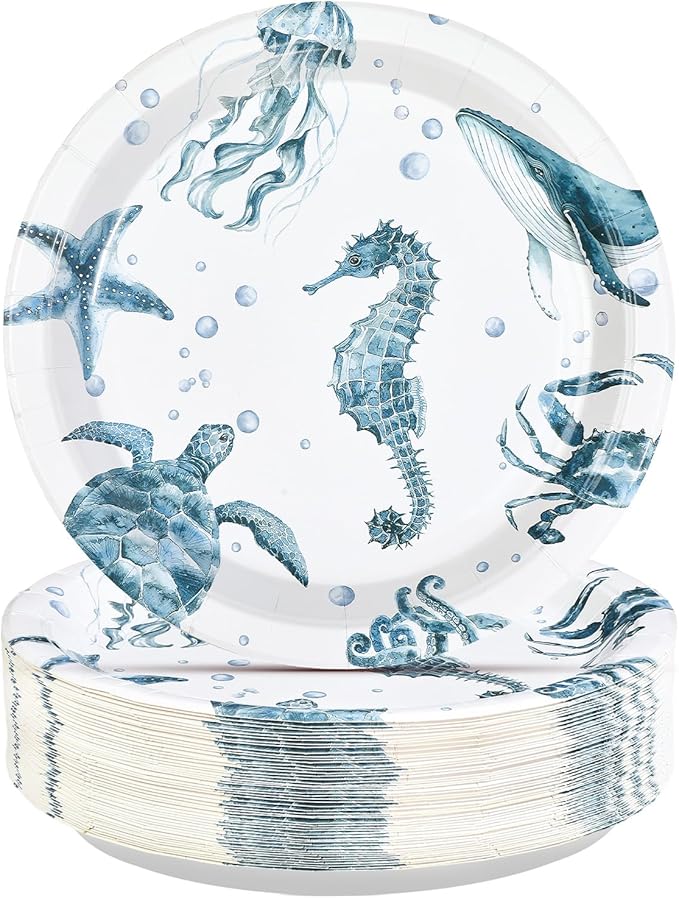 50Pcs Coastal Paper Plates 10 Inch Large Heavy Duty Seahorse Starfish Seashell Platters Blue Ocean Jellyfish Themed Plates for Winter Xmas Beach Holiday Birthday Lunch Dinner Supplies Decorations