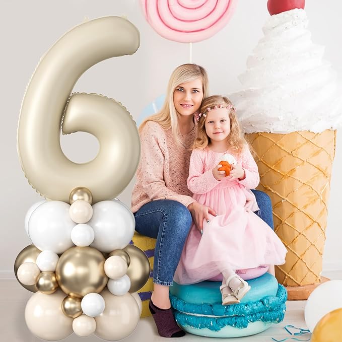 40 Inch Cream Number 6 Birthday Balloon Beige White Sand Number Six Foil Balloon Tower Giant Large Nude Neutral Digit Helium Balloons Stack Stand for Girls Boys 6th Anniversary Party Decorations