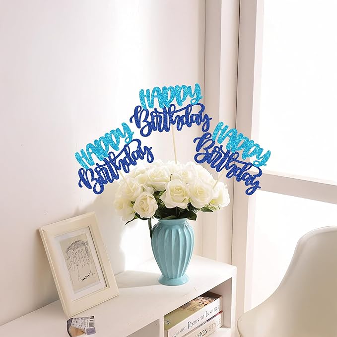Gyufise 12Pcs Happy Birthday Centerpieces Sticks Double Sided Glitter Birthday Party Decorations Anniversary Table Flower Centerpiece for Celebrating Party Supplies Blue Dark Blue