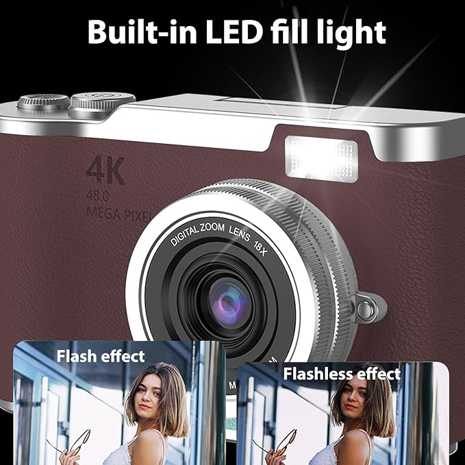 Denash Foldable Screen Kids and Beginners Camera,4K Digital Camera for Photography,48MP Digital Foldable Support 16X Zoom with Flip Scree (Brown)