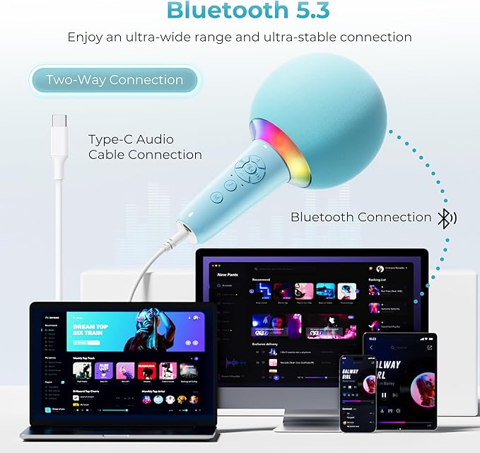 Wireless Bluetooth Karaoke Microphone for Kids, Portable Handheld Karaoke Mic Speaker Toys with LED Light, Best Christmas Birthday Festival Party Gift for 3 4 5 6 7 8 9+ Year Old Girls Boys (Blue)