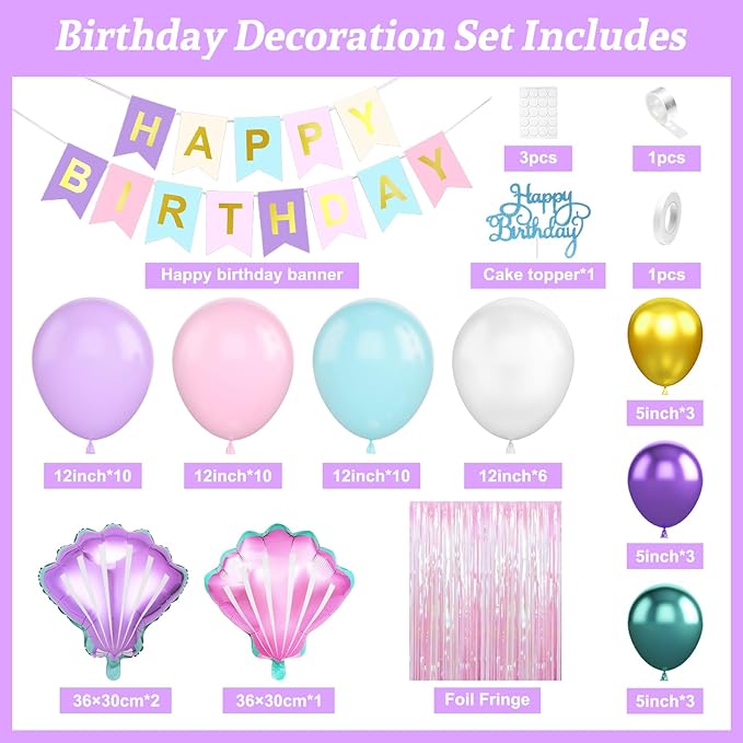 Mermaid Birthday Decorations Supplies, Purple Pink Teal Blue Balloons Happy Birthday Banner Cake Topper Shells Foil Balloon Pink Fringe Curtain for Women Girls Kids Party Decorations