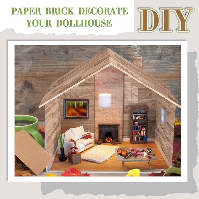 Flutesan 12 Pcs Miniature Dollhouse Wallpaper and Flooring Peel and Stick Mini DIY Self Adhesive Dollhouse Accessories 8.27 x 11.69 Inch (Natural Style)