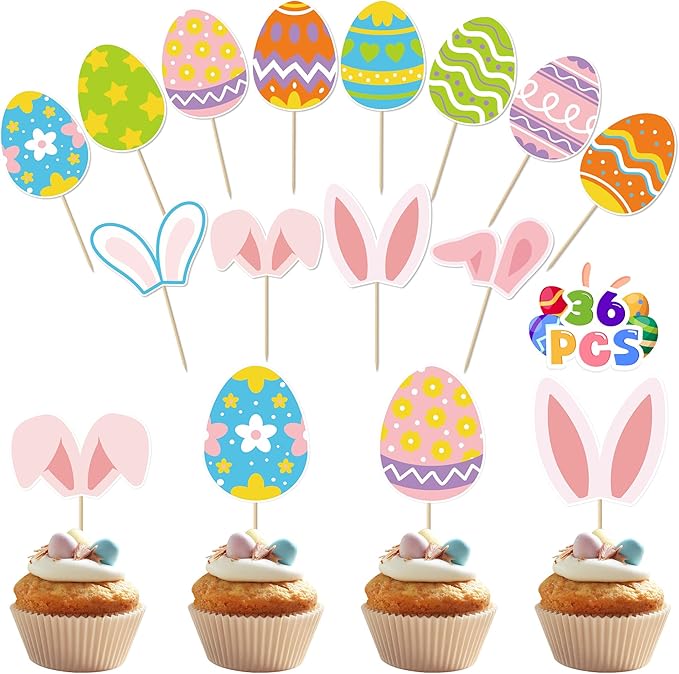 36pcs Easter Cupcake Toppers, 12 Kinds Easter Cake Topper Decorations, Paper Colorful Easter Eggs Bunny Ears Cake Topper Decor, Single Sided Printing Spring Party Desserts Cupcake Topper Decoration