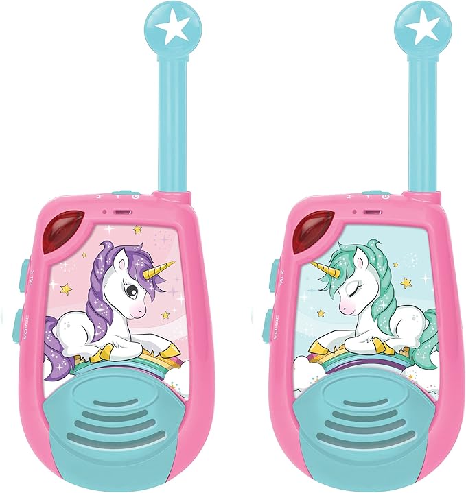 LEXiBOOK, Unicorn, Digital Walkie-Talkies for Children, 1.2 Miles Transmission Range, Morse Light Function, Belt Clip for Transport, Battery, Pink, TW25UNI