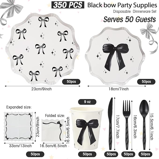 350 Pcs Bow Black Party Supplies Tableware Set Disposable 9'' 7'' Paper Plates 9 oz Cups Cutlery Napkins Dinnerware Set for 1st Birthday, Serve 50 (Bow, Black)