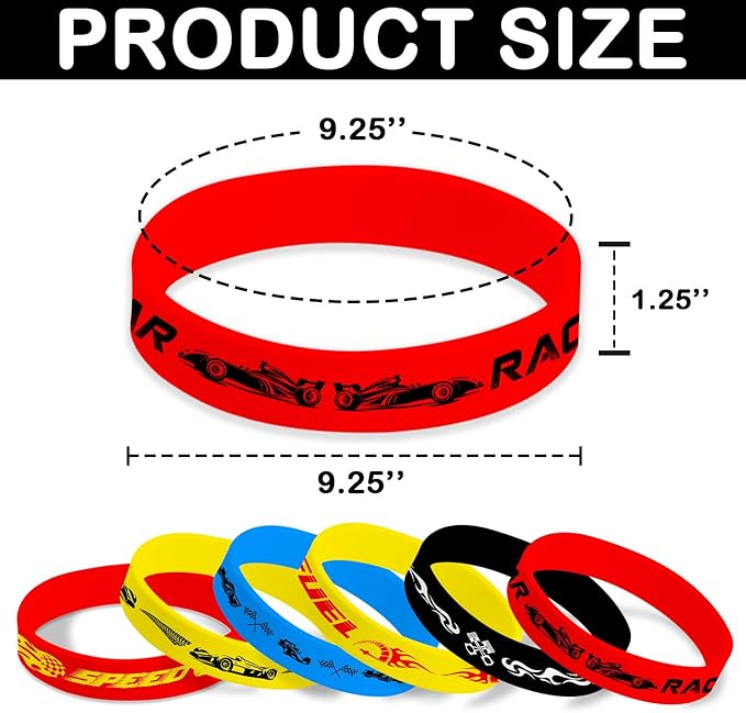 48PCS Race Car Party Bracelets Set | 24 Slap Bracelets + 24 Rubber Bracelets | SuperCar Silicone Wristbands Birthday Party Supplies, Classroom Rewards, Carnival Prizes