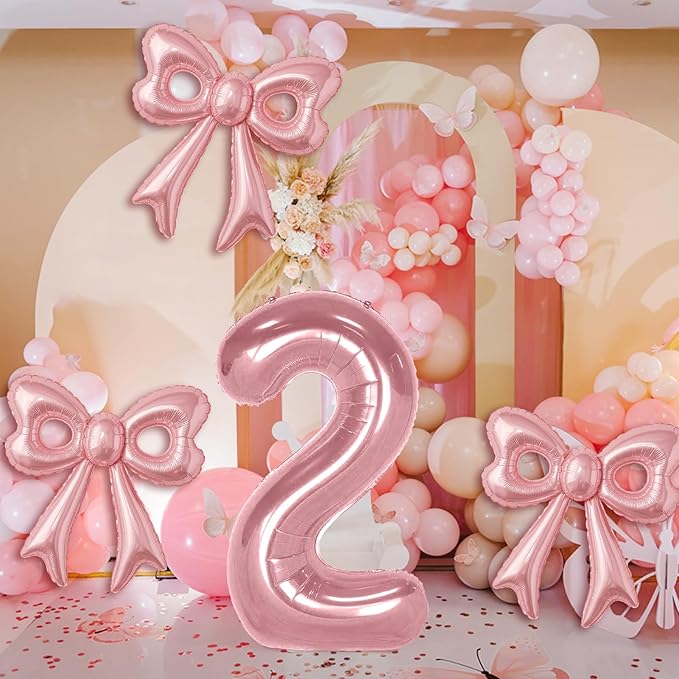 Bow Number 2 Birthday Balloons, 40” Pink Aluminum Foil Balloons Happy Birthday Balloon for Girl 2nd Birthday Party, Princess, Coquette Party Decorations Supplies