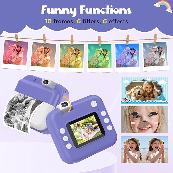 Kids Camera Instant Print with Flip Lens, Digital Camera Print Photos for Toddler Toys, HD Camcord 1080P Video, Portable Travel Toys Birthday Gift for 4 5 6 7 8 9 10 Years Girls Boys Purple