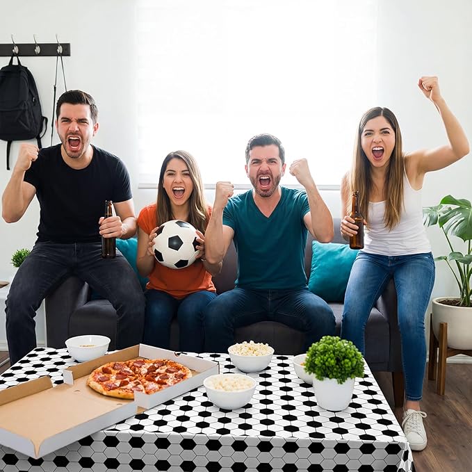 Oudain 6 Pcs Soccer Party Tablecloth 54 x 108 Inch Rectangle Football Table Cloth Disposable Plastic Sport Themed Table Covers for Soccer Day Birthday Party Supplies Favors (Black, White)