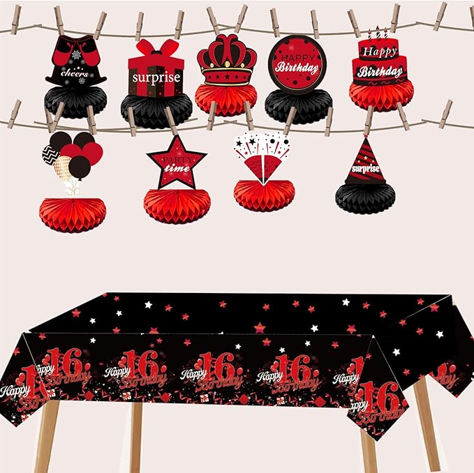 3 Pcs Happy 16th Tablecloth Decorations for Boy Girl Black Red 16 Birthday Theme Table Cover Party Supplies 16 Years Old Plastic Disposable Rectangular Table Cloth