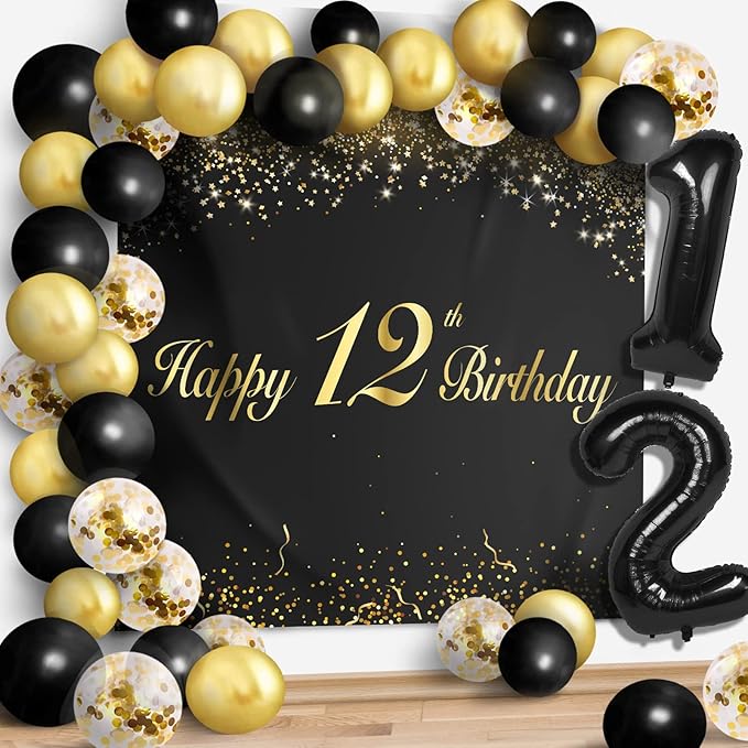 Happy 12th Birthday Balloons Black Set Decor - Cheers to 12 Years Old Party Theme Garland Banner Backdrop Decorations For Boy and Girl Supplies